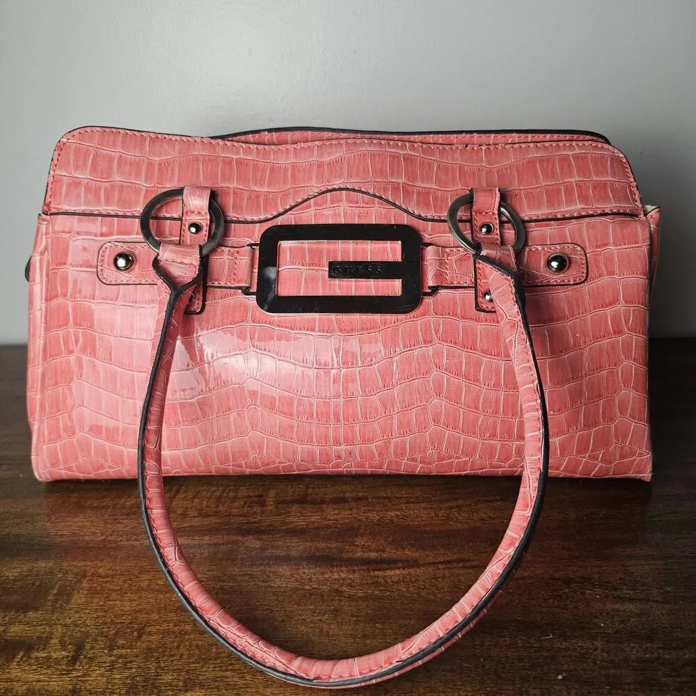 Vintage 2000s GUESS Coral Pink Faux Croc Handbag Y2K Statement Purse